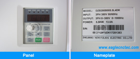 fuling inverter dzb280b005.5l4dk 5.5kw nameplate and panel